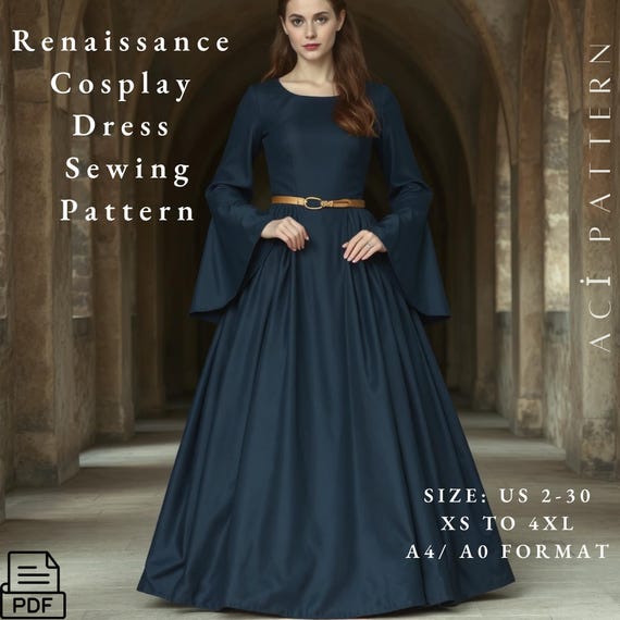 Renaissance Cosplay Pattern, Medieval Dress Sewing Pattern, Celtic Dress, Elven Dress, Fantasy Dress, Victorian Dress, 2 to 30-A4-A0 Format