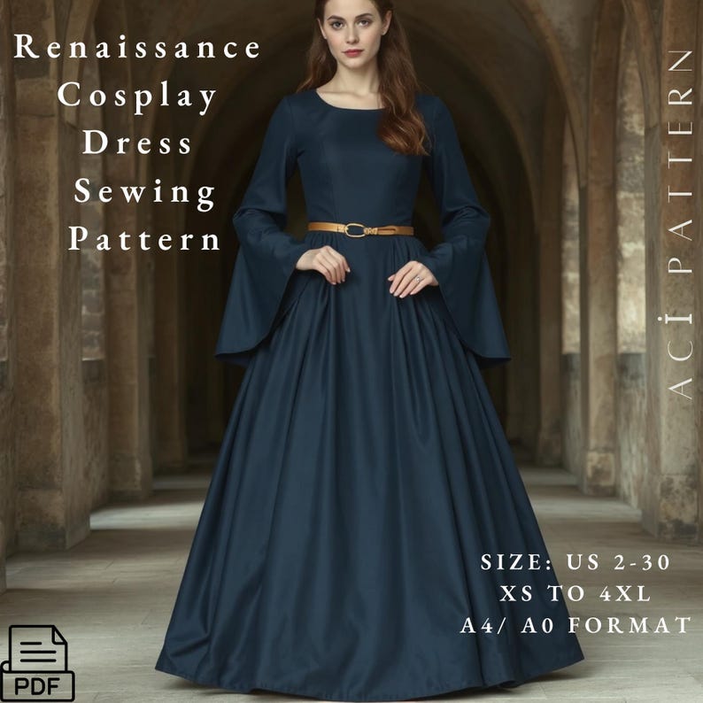 May include: A PDF sewing pattern for a Renaissance cosplay dress. The pattern is available in sizes US 2-30, XS to 4XL, and in A4/A0 format. The image shows a woman wearing a dark blue dress with long sleeves and a fitted bodice. The dress has a full skirt and a brown belt.
