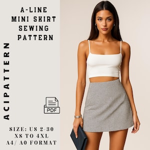 K&ouml;nnte beinhalten: A-Linien-Minirock-Schnittmuster. Das Bild zeigt eine Frau, die ein wei&szlig;es Crop-Top und einen schwarz-wei&szlig; karierten Minirock tr&auml;gt. Der Text auf dem Bild lautet "A-LINE MINI SKIRT SEWING PATTERN" und "ACIPATTERN". Das Muster ist in den US-Gr&ouml;&szlig;en 2-30 und XS bis 4XL erh&auml;ltlich.
