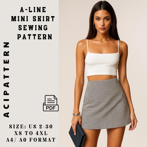 Fishtail Mini Skirt Sewing Pattern: High Waist A-Line (PDF Pattern Digital Download) Beginner Friendly