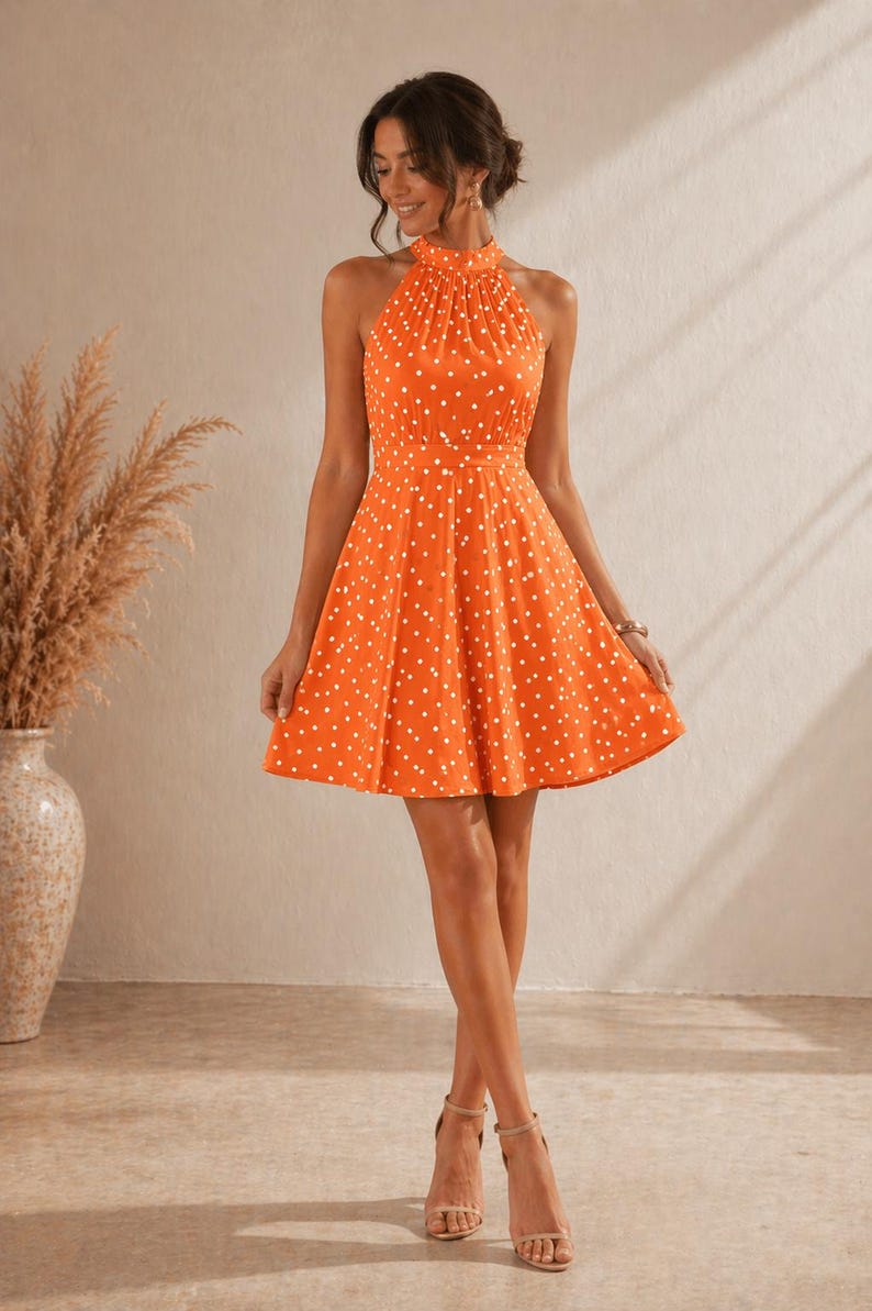 K&ouml;nnte beinhalten: Ein orangefarbenes Neckholder-Kleid mit wei&szlig;em Polka-Dot-Muster. Das Kleid hat ein figurbetontes Oberteil und einen ausgestellten Rock. Das Model tr&auml;gt beige Abs&auml;tze. Das Kleid ist ein Sommer- oder Fr&uuml;hlingsstil.