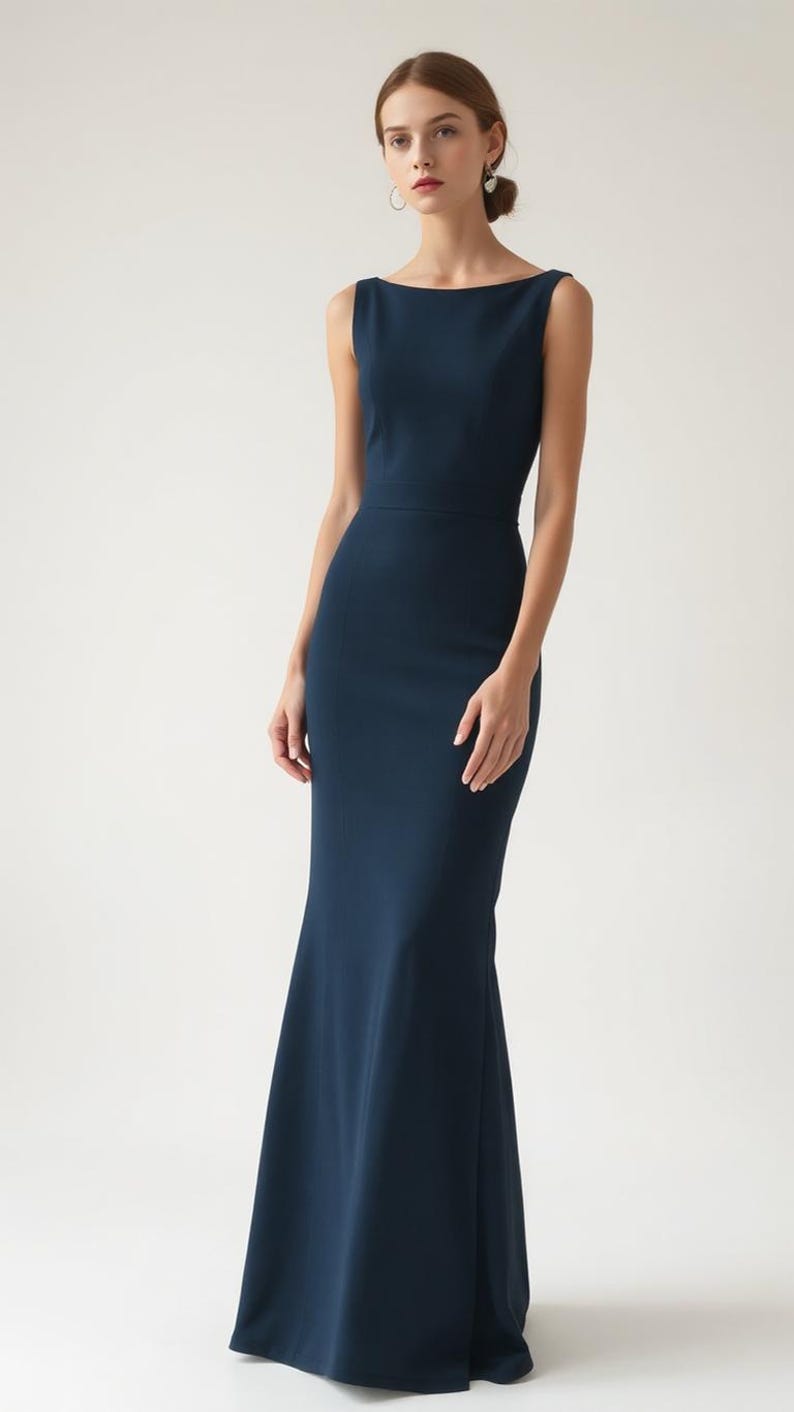 May include: A sleeveless, dark blue maxi dress with a bateau neckline and a fitted silhouette. The dress has a slight flare at the hem.