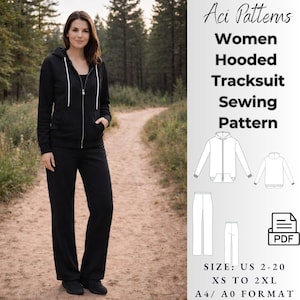 Modello di cucito per giacca con cappuccio, tuta, modello di felpa in PDF, modello di felpa con cappuccio di base, modello di tuta da donna Indie Basic in PDF, taglie 2–20