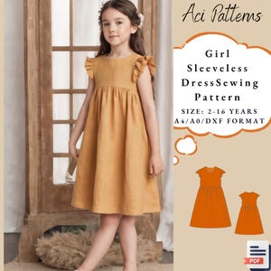 Patrón de costura para vestido sin mangas de niña, patrón de costura para vestido infantil, patrón de vestido infantil, tallas A0-A4 (carta estadounidense), tallas para niñas de 2 a 16 años.