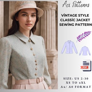 Women Jacket  Pattern,Vintage Style Jacket,Classic Jacket,Button Down Jacket, Ladies size 2 to 30-A4-US LETTER-A0 Format