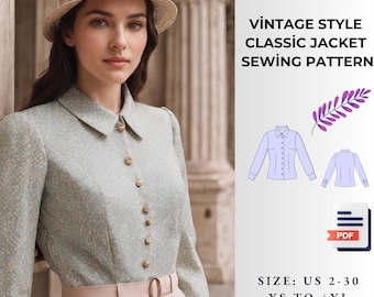 Dames jaspatroon, vintage stijl jack, klassiek jack, donsjack met knopen, pdf-patroonformaat 2 tot 30 A4 A0-formaat