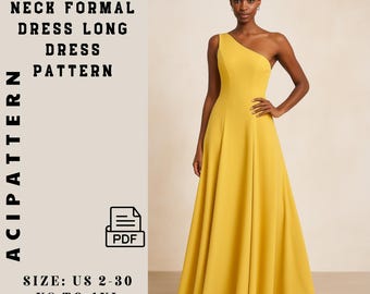 Vestido de noche amarillo de un solo hombro: Vestido asimétrico de corte A (Patrón PDF A4/EE. UU./A0, tallas 2-30)