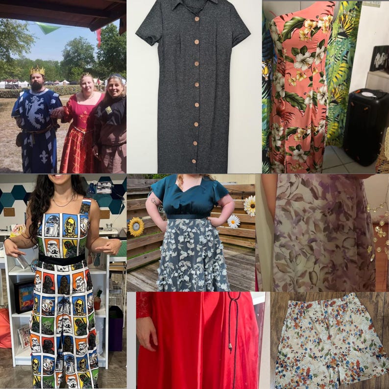 May include: A collage of nine images showcasing different styles of dresses, skirts, and shorts. The images feature a variety of colors, patterns, and fabrics, including floral prints, geometric designs, and solid colors.