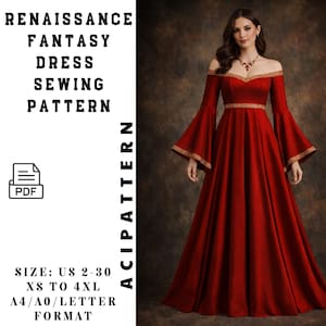 Op de afbeelding: Een rode Renaissance fantasie jurk met off-shoulder mouwen en een zwierige rok. De jurk heeft gouden afwerking en een getailleerd lijfje. De afbeelding bevat tekst: "RENAISSANCE FANTASY DRESS SEWING PATTERN" en "MAAT: US 2-30 XS TO 4XL A4/A0/LETTER FORMAT".