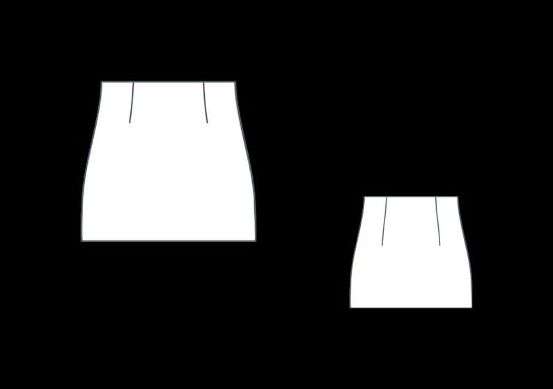 K&ouml;nnte beinhalten: Zwei wei&szlig;e Rockumrisse auf schwarzem Hintergrund. Die R&ouml;cke haben ein schlichtes Design mit geradem Bund und leicht ausgestellter Form. Der gr&ouml;&szlig;ere Rock befindet sich links, eine kleinere Version rechts.