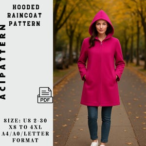 Può includere: Un impermeabile con cappuccio magenta con chiusura a cerniera, indossato sopra jeans blu e scarpe da ginnastica bianche. L'immagine include il testo "HOODED RAINCOAT PATTERN" e "SIZE: US 2-30 XS TO 4XL A4/A0/LETTER FORMAT".