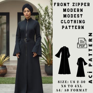 Abaya Pdf Sewing Pattern,A line Dress,Arabic National Dress Patterns,Flared Sleeves Full Length Open Abaya Modest Dress with Front Zip 2&30