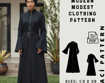 Abaya Pdf Sewing Pattern,A line Dress,Arabic National Dress Patterns,Flared Sleeves Full Length Open Abaya Modest Dress with Front Zip 2&30
