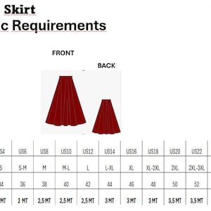 May include: A chart showing fabric requirements for a maxi skirt in different sizes. The chart lists US sizes, international sizes, European sizes, and the amount of fabric needed in meters.