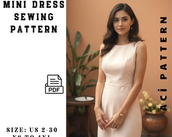 Mini Dress Pattern - Boat Neck Dress - Evening Cocktail Dress - PDF Digital Sewing Pattern -Minimalist Chic Sleeveless Dress- Easy sewing