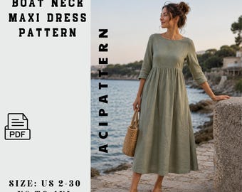 Naaipatroon boho-linnen maxi-jurk: boothals, losse pasvorm (pdf-model) Formaat: 2 tot 30 A4, A0-formaat