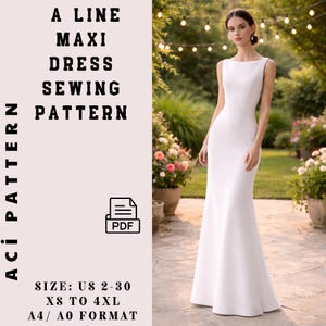 ボートネックコルセットAラインロングドレス縫製モデル - プリンセス縫製ドレスPDFモデル結婚式、卒業式、2〜30のためのエレガントなイブニングドレス