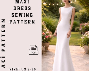 Boat Neck Corset A-Line Long Dress Sewing Model - Princess Sewing Dress PDF Model Elegant Evening Dress for Wedding, Graduation, 2 TO 30