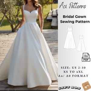 Modelo de costura de vestido de novia - Vestido de satén blanco, talla de mujer 2 a 30 - A4 - Carta de EE. UU. - Formato A0