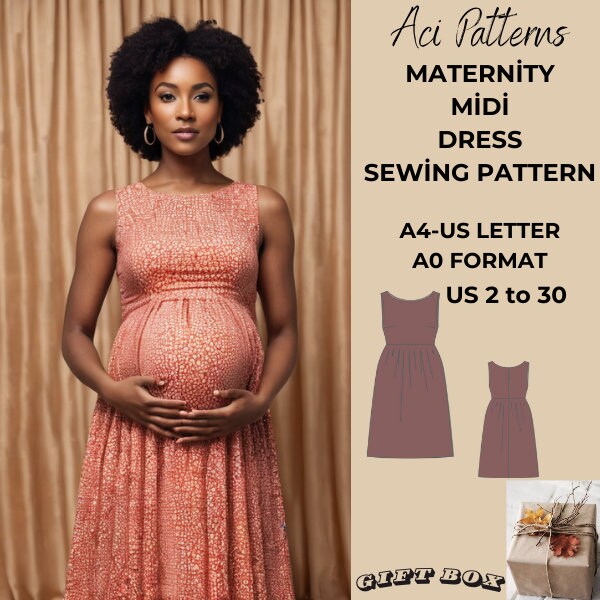 Maternity Gown Dress Sewing Pattern, Ladies size 2 to 30-A4-US LETTER-A0 Format