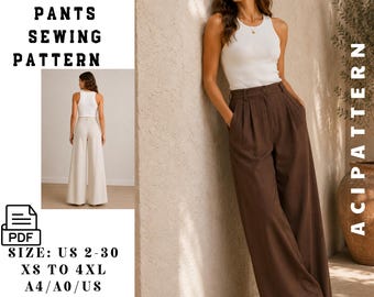 Women Palazzo Pants Sewing Pattern PDF-Wide Leg Trouser Pattern-High Waist Pants Pattern-Digital Sewing Pattern-Pleated Pants PDFUS 2 to 30