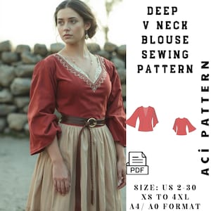 May include: A sewing pattern for a deep V-neck blouse with long sleeves. The pattern is available in sizes US 2-30, XS to 4XL, and comes in A4/A0 format. The pattern is printed on a white background with black text. The image also shows a woman wearing a red blouse with a similar style.