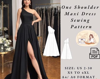 One Shoulder Prom Dress Sewing Pattern, Maxi Evening Dress, Formal Cocktail Dress,  Evening Gown, Ball Gown, Size 2-30  A4 US A0