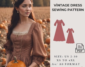 Vintage Style Dress Sewing Pattern,Renaissance Medieval Cosplay Dress,sewing pattern, (PDF Pattern) 2 To 30 A4 A0 Format