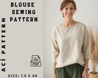 Linen Blouse Sewing Pattern, Summer Top Beginner Pattern, Women Tunic Pattern, Plus Size Relaxed Top Pattern PDF  Size 2 -30 A4 A0 Format