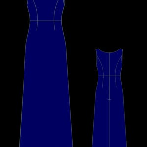 May include: A sleeveless maxi dress in a dark blue color. The dress has a simple, elegant design with a round neckline and a fitted bodice. The dress is shown from the front and back.