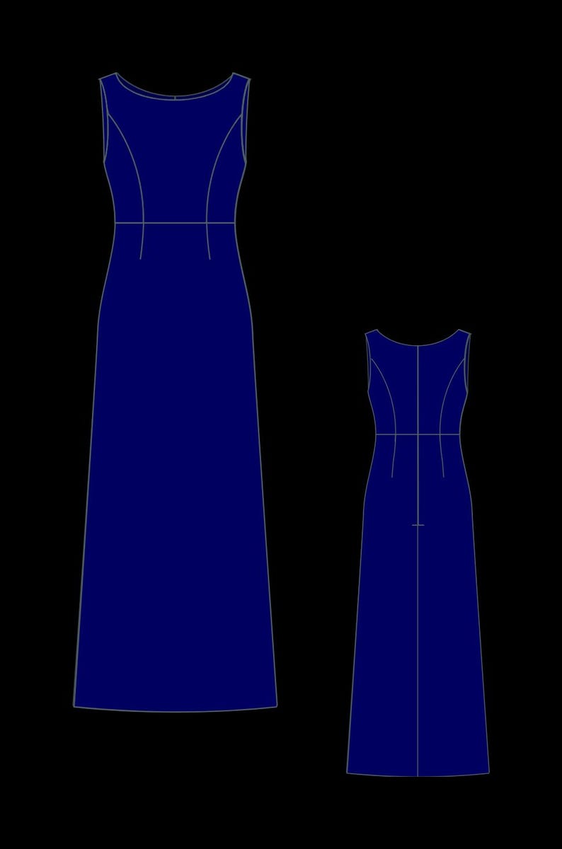 May include: A sleeveless maxi dress in a dark blue color. The dress has a simple, elegant design with a round neckline and a fitted bodice. The dress is shown from the front and back.