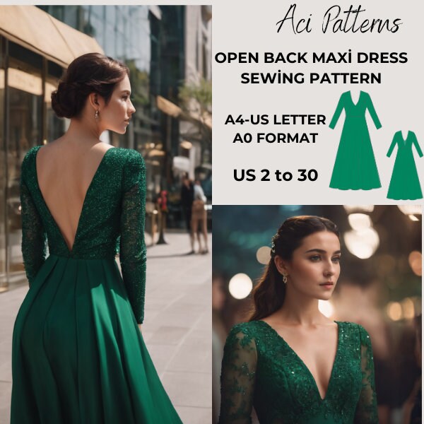 Backless dress Evening Gown,Maxi Dress Sewing Pattern,range of size options, Ladies size 2 to 30-A4-US LETTER-A0 Format