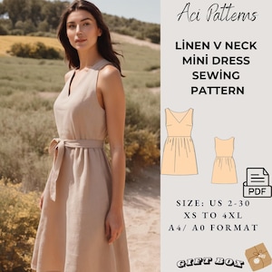 Linen V neck Mini Dress Pattern,Linen Dress Sewing Pattern,Range of size options, Pattern,Ladies size 2 to 30-A4-US LETTER-A0 Format