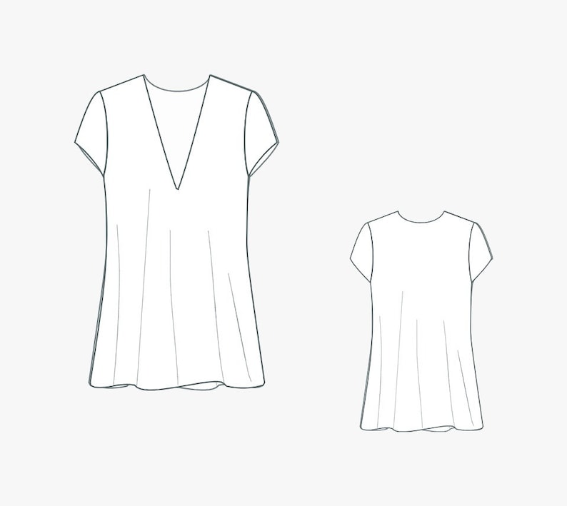 May include: Line drawing of a women's shirt with a V-neck and short sleeves. The shirt has a loose fit and a slightly flared hem.