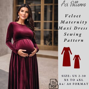 Könnte beinhalten: Ein Schnittmuster für ein Samt-Mutterkleid im Maxiformat. Das Schnittmuster ist in den Größen US 2-30, XS bis 4XL erhältlich und im Format A4/A0 verfügbar. Das Schnittmuster enthält Anweisungen zum Nähen des Kleides.