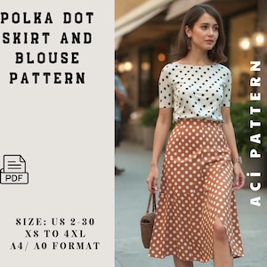 Puede incluir: Un patrón PDF para una falda y una blusa de lunares. El patrón incluye tallas de la ES 34-52, XS a 4XL, y está disponible en formato A4/A0.