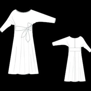 May include: A white line drawing of a dress shown from the front and back. The front view features three-quarter length sleeves, a round neckline, and a wide waist sash tied in a bow. The back view shows a simple bodice with a center seam.