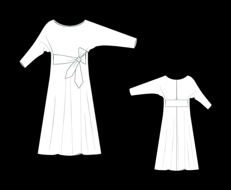 May include: A white line drawing of a dress shown from the front and back. The front view features three-quarter length sleeves, a round neckline, and a wide waist sash tied in a bow. The back view shows a simple bodice with a center seam.