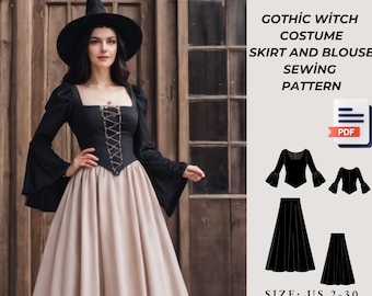 Halloween Dress Pattern, Gothic Witch Costume Dress Pattern,Fantasy Dress, Halloween Dress Sewing Pattern,Skirt and Blouse 2 to 30