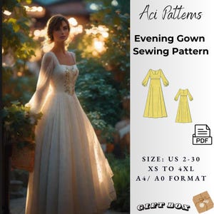 Evening Gown,Wedding guest Sewing pattern, Ladies size 2 to 30-A4-US LETTER-A0 Format