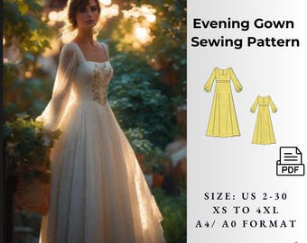 Evening Gown,Wedding guest Sewing pattern, Ladies size 2 to 30-A4-US LETTER-A0 Format