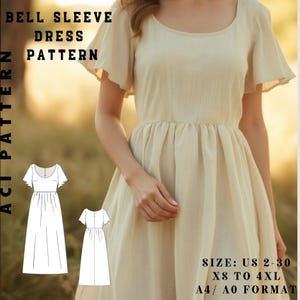 May include: A digital sewing pattern for a bell sleeve dress. The pattern includes sizes US 2-30, XS to 4XL, and is available in A4/A0 format. The pattern is shown on a white background with a line drawing of the dress.