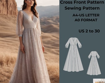 Cross Front Sewing Pattern,  Maxi Dress, Celtic Dress, maxi Sleeve Fantasy Gown, Ladies size 2 to 30-A4-US LETTER-A0 Format