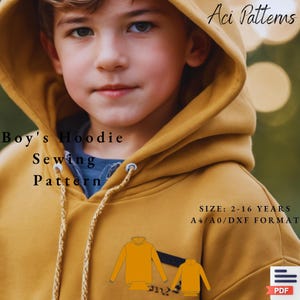 Patrón de costura de sudadera con capucha para niño, patrón de sudadera para niño, patrón de costura con bolsillo, patrón de costura para niño, talla 2 a 16 años, tamaño carta A4-A0 de EE. UU.