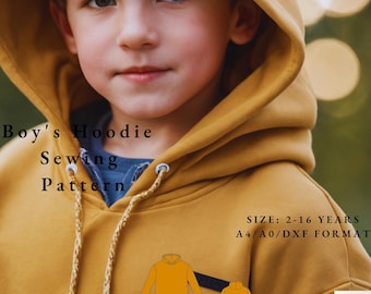 Boy's Hoodie Sewing Pattern, Sweatshirt Pattern for Boys,With Pocket Sewing Pattern, Sewing Pattern for boys,Size 2-16 Years,A4-A0 US LETTER