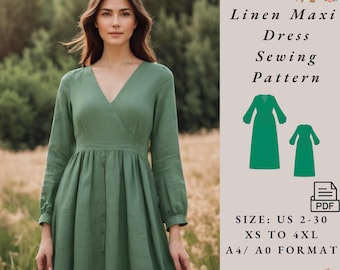 Linen Maxi Dress Sewing Pattern Digital Sewing Pattern PDF Dress Pattern Maxi Dress US 2-30, XS-4XL (Digital Download)