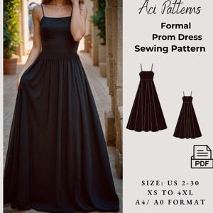 Tutorial de costura de vestido de fiesta formal con tirantes, patrón de costura de vestido de fiesta de noche negro, talla de mujer 2 a 30, formato A4, carta estadounidense, A0