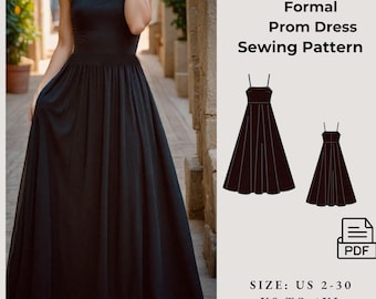 May include: A black formal prom dress sewing pattern in PDF format. The pattern includes sizes US 2-30, XS to 4XL, and is available in A4/A0 format.