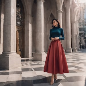 May include: A woman wearing a teal turtleneck sweater and a long, rust-colored skirt with pleats. She is standing in a hallway with white columns and a checkered floor.