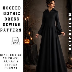 Könnte beinhalten: Ein schwarzes, bodenlanges Kleid mit Kapuze, langen Ärmeln und einem taillierten Oberteil. Der Text lautet: HOODED GOTHIC DRESS SEWING PATTERN, PDF, SIZE: US 2-30, XS TO 4XL, A4/A0/US LETTER FORMAT, ACIPATTERN. Das Design umfasst eine Kapuze und weite Ärmel.